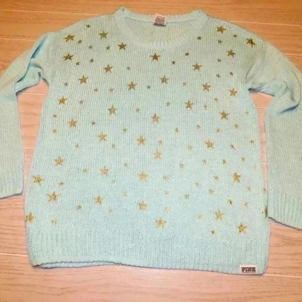 PINK Victoria's Secret Blue Gold Stars Knit Sweater Relax Fit Size Small
